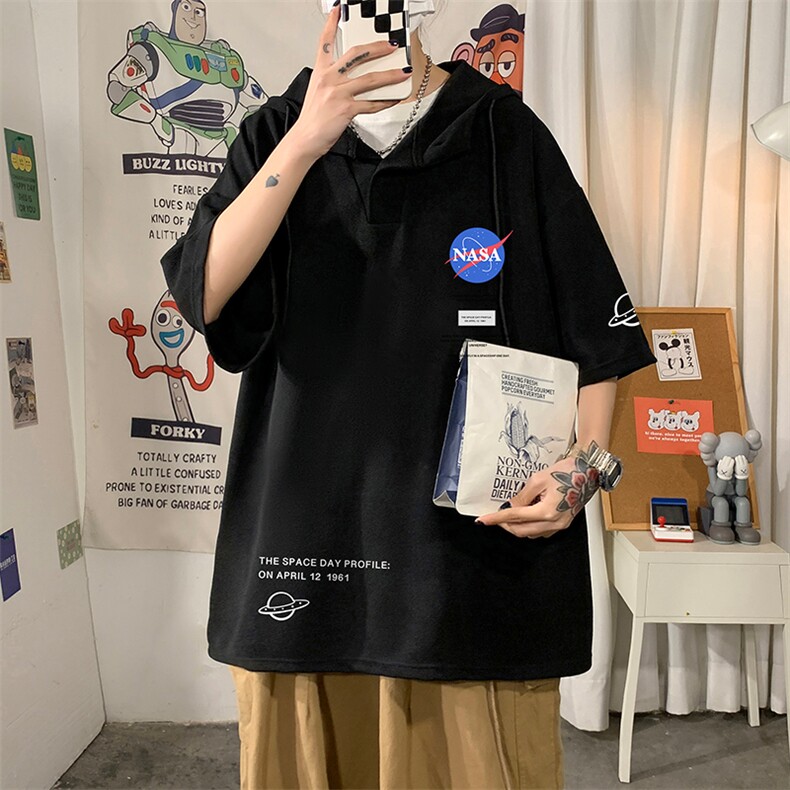 LD54243-P45NASA连帽短袖t恤男大码胖子带帽五分袖中袖,男装T恤,电商A040