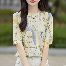 夏新款精纺水溶羊毛半袖女T恤圆领拼色印花短袖针织打底衫上衣薄，女装羊毛衫，暖烁羊绒