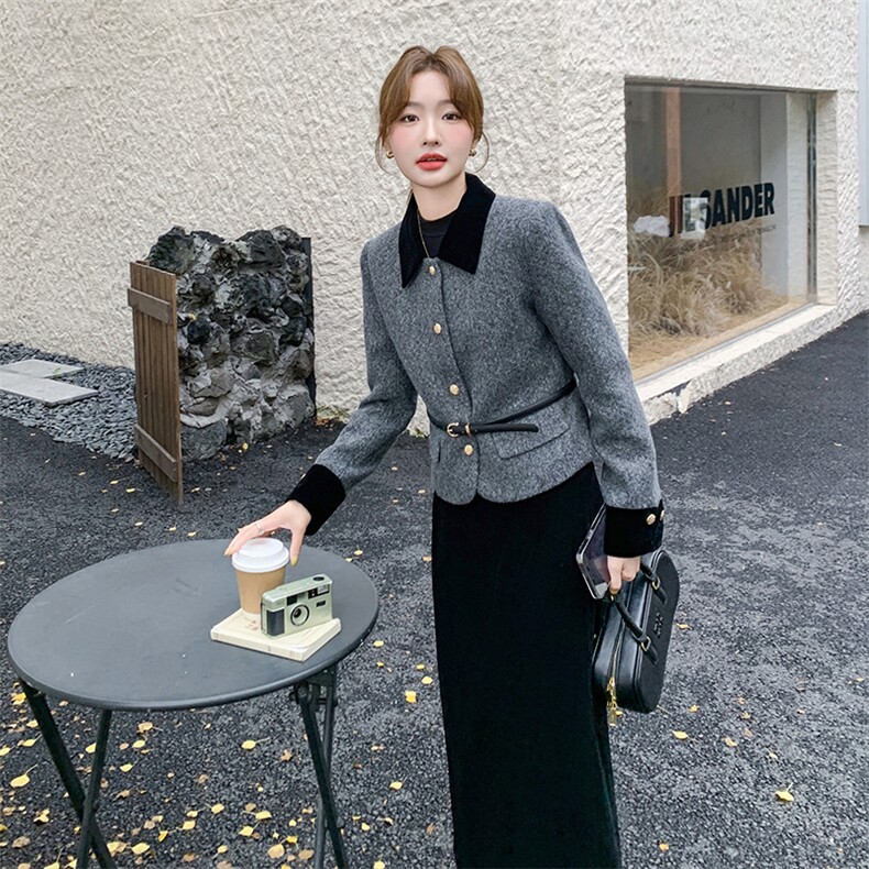 高级感羽绒小香风套装女2024年冬季新款撞色短外套丝绒半身裙直筒,女装套装/套裙,霓裳依族