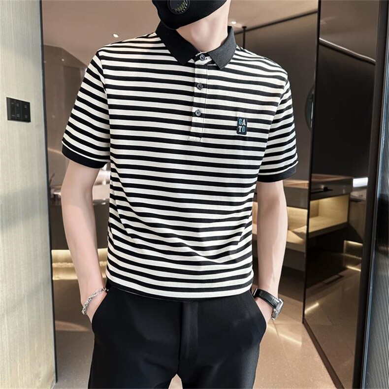 经典款高级感轻奢夏季短袖T恤翻领条纹Polo衫半袖T0253-P58,男装T恤,电商D342
