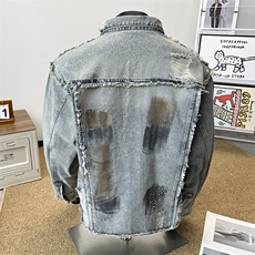 得物品质秋款男牛仔夹克衫流苏扎染涂鸦烫钻宽松外套JK8903P95，男装工装外套，星座1013-1