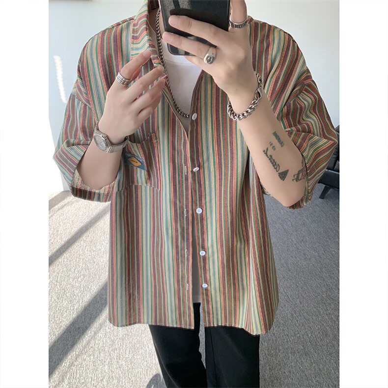 复古港风慵懒松弛感日系短袖条纹衬衫夏季情侣装短袖外套CS530P48，男装衬衫，电商D206-1
