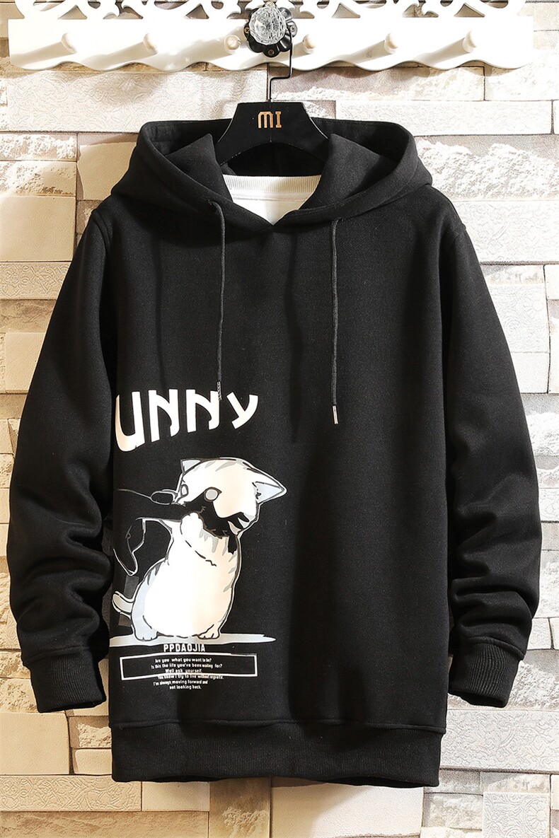 2019冬季新款砖墙日系大码男猫咪印花加绒加厚连帽卫衣W6351-P60,男装卫衣,电商A001