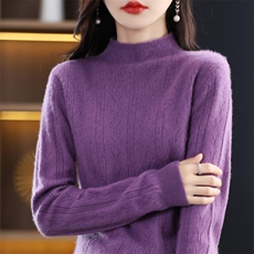24秋冬新款100%羊毛衫女半高领抽条宽松慵懒毛衣羊绒衫针织打底衫，女装羊毛衫，琳华羊绒