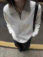 网图千鸟格拼接polo领洛卡抗皱内搭长袖t恤男老钱风打底衫特P28，男装T恤，电商C306-1