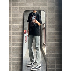水泥灰微喇牛仔裤男女夏季美式高街vibe直筒裤子高腰显瘦弯刀长裤，男装牛仔裤，星座218-5