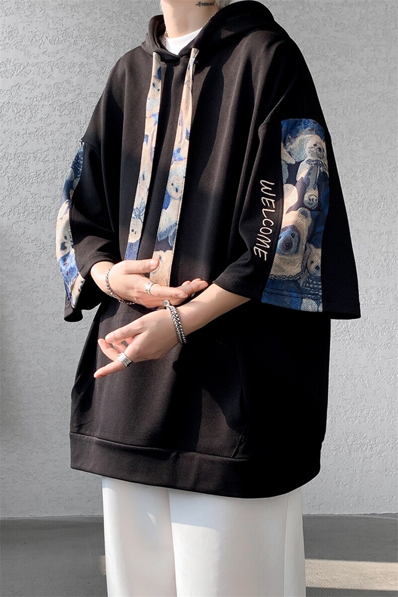 wassuphappy连帽短袖t恤男夏季潮牌宽松小熊七分袖大码休闲半袖,男装T恤,电商A059