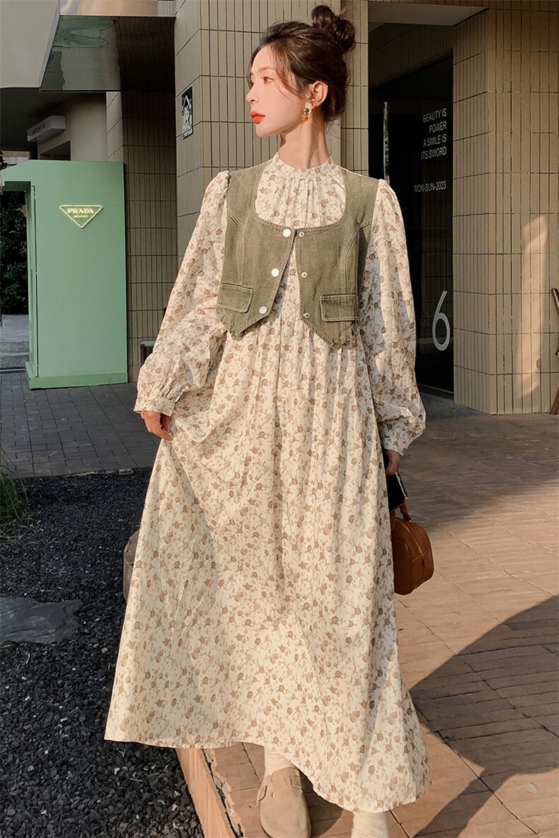 春季新款碎花牛仔拼接泡泡袖长连衣裙,女装连衣裙,来米儿