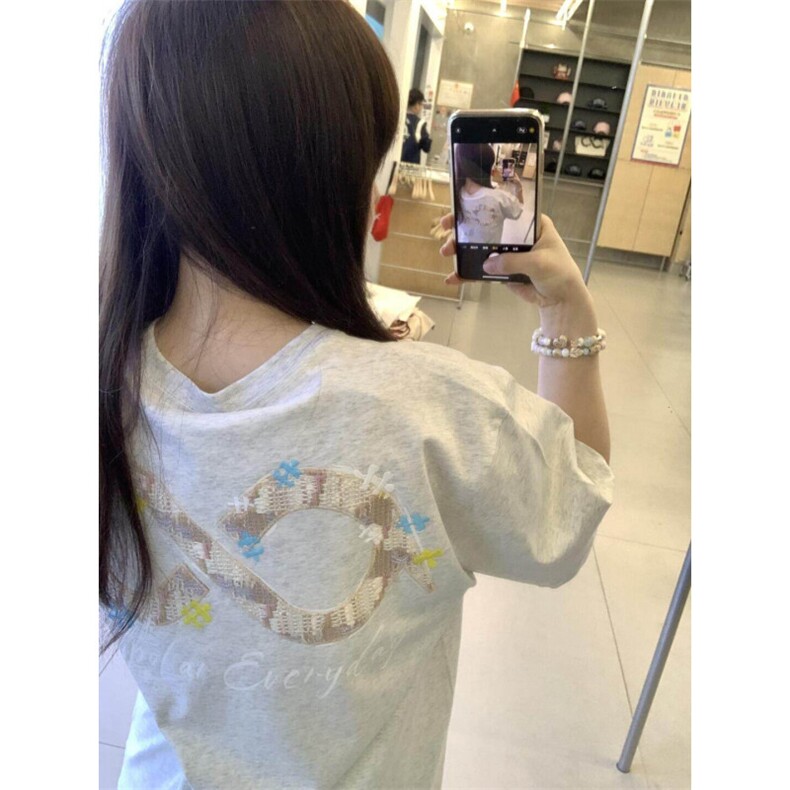 H0985-P38#小香风刺绣螺纹领包边拉肩宽松短袖T恤图片