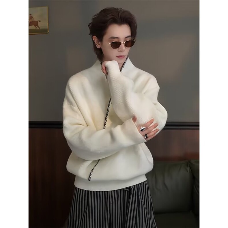 抖音龙叨叨重磅北极绒套头手工缝V领阔版针织毛衣V26-P55网图，男装针织衫/毛衣，电商B245