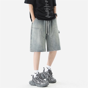 美式高街牛仔短裤男水洗设计感工装潮牌宽松XZ225-3-DK08-P40控58图片