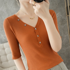 夏季新款短袖T恤女装修身半袖冰丝针织衫打底衫内搭上衣女V领T恤，女装针织衫/毛衣，暖姿羊绒