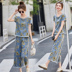 小个子印花牛仔套装女2025夏季新款高腰坠感直筒裤九分裤两件套潮，女装套装/套裙，魅影