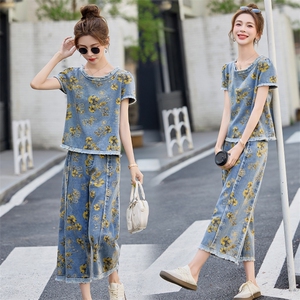 小个子印花牛仔套装女2025夏季新款高腰坠感直筒裤九分裤两件套潮图片
