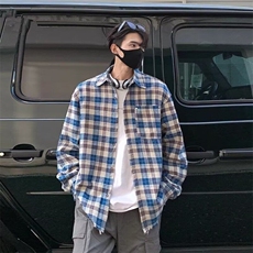 美式复古春秋新款简约毛边蓝色条纹拼接衬衫外套男百搭休闲情侣款，男装衬衫，星座506A