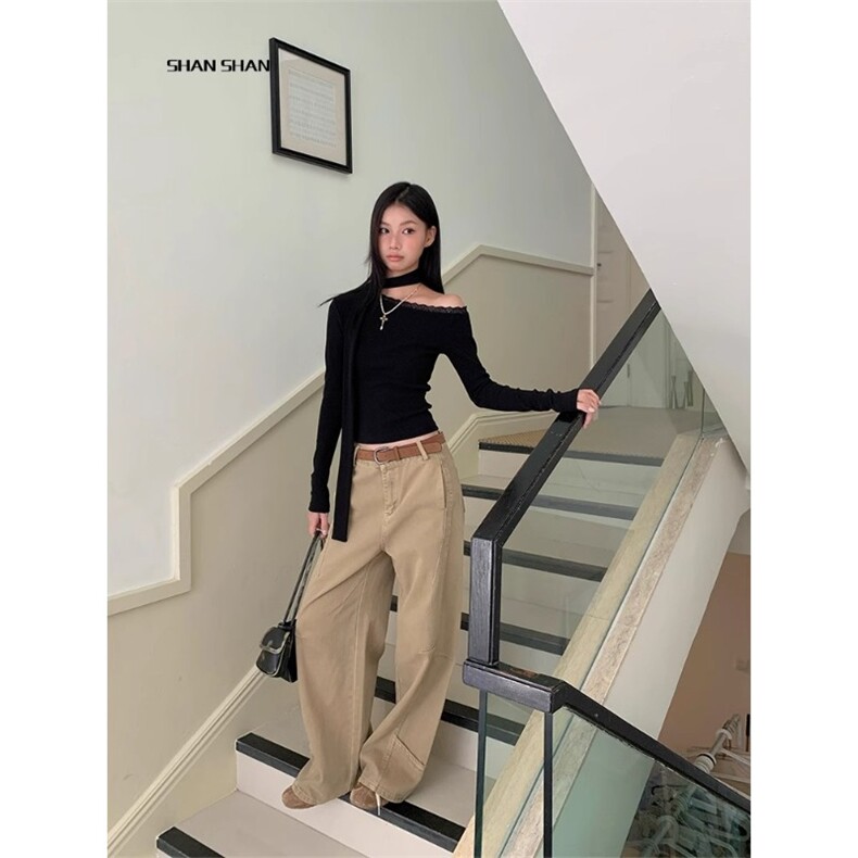 美式复古弯刀牛仔裤女高腰宽松设计感高街阔腿裤子秋季N10599-P58,男装牛仔裤,星座1008