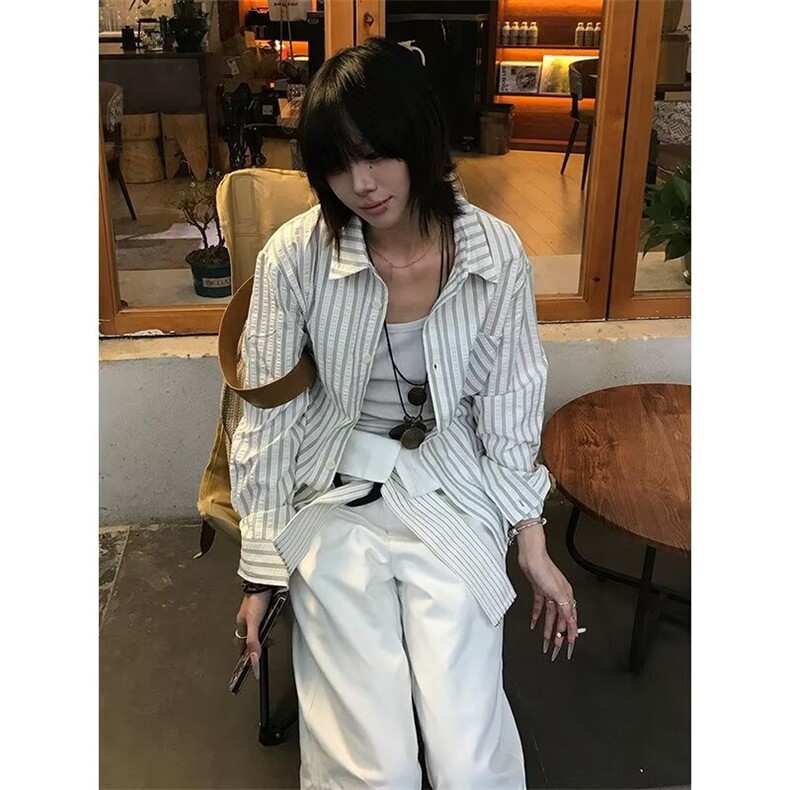 春夏cleanfit条纹泡泡纱衬衣高智感休闲正肩长袖衬衫复古条纹上衣,男装衬衫,星座506A