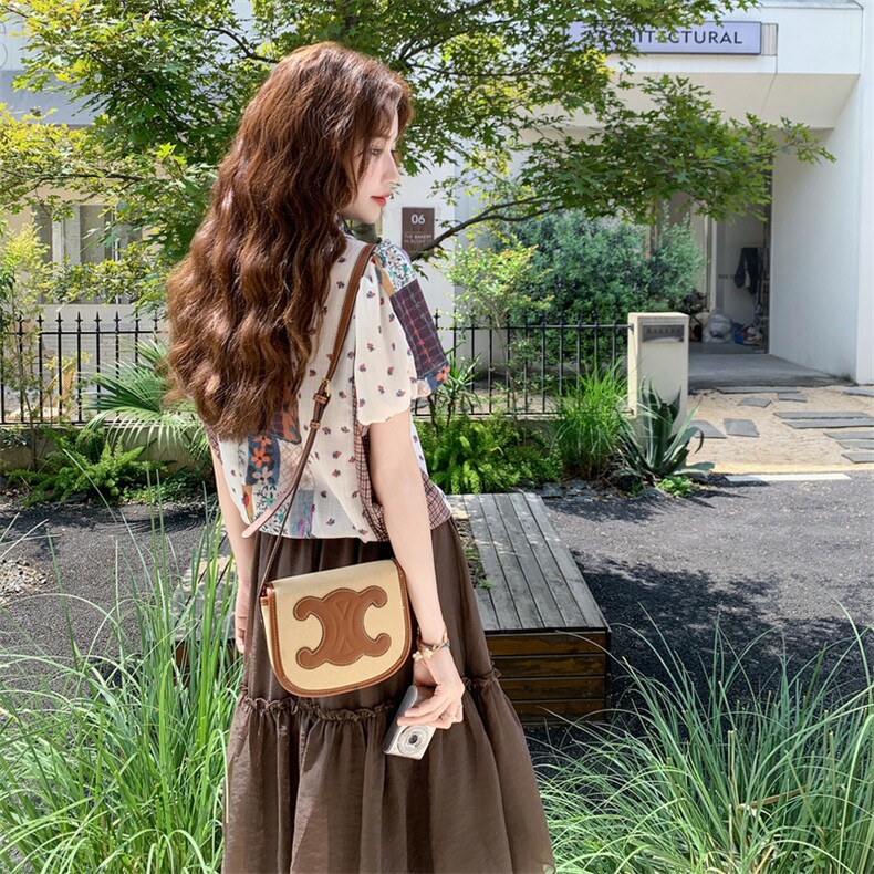 松弛慵懒风时尚套装女2025夏季新款韩系复古印花衬衫半身裙两件套,女装套装/套裙,2C211