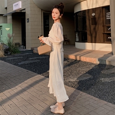 法式长袖连衣裙女2024夏新款慵懒度假风海边开衫长裙，女装连衣裙，灵力轩