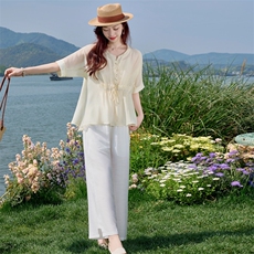 高级感贵气天丝套装女2026夏季新款妈妈亚麻阔腿裤御姐两件套，女装套装/套裙，水衣源