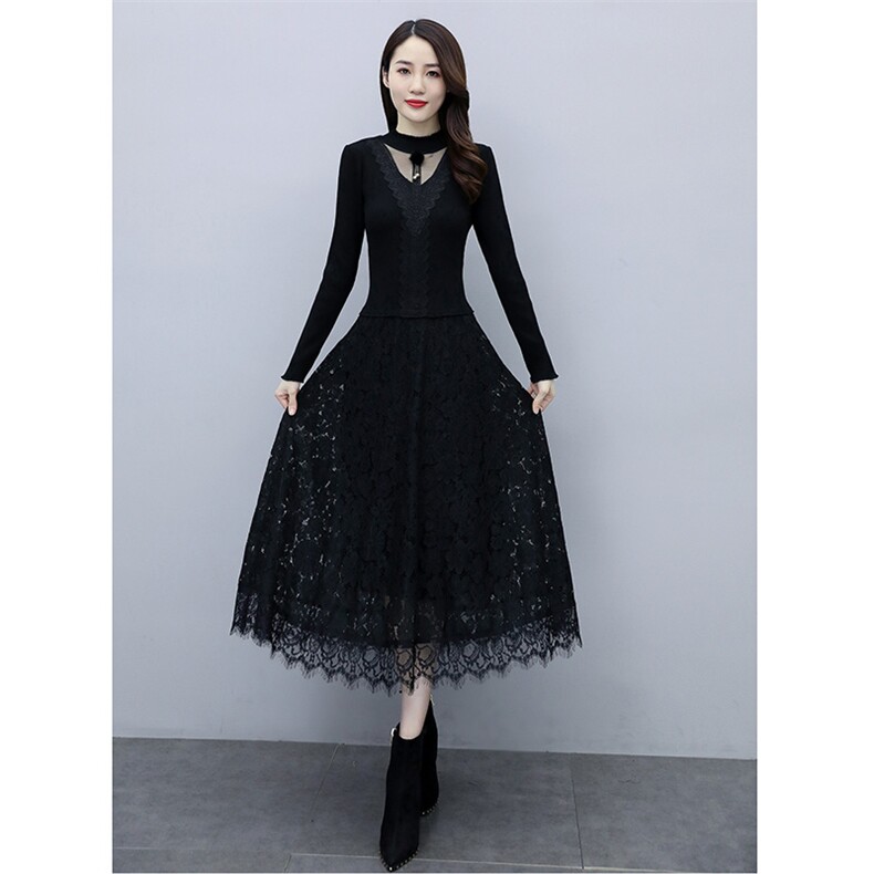 2023秋季新款半高领线衣花边配蕾丝长款打底连衣裙（配饰品),女装连衣裙,安之芮娜