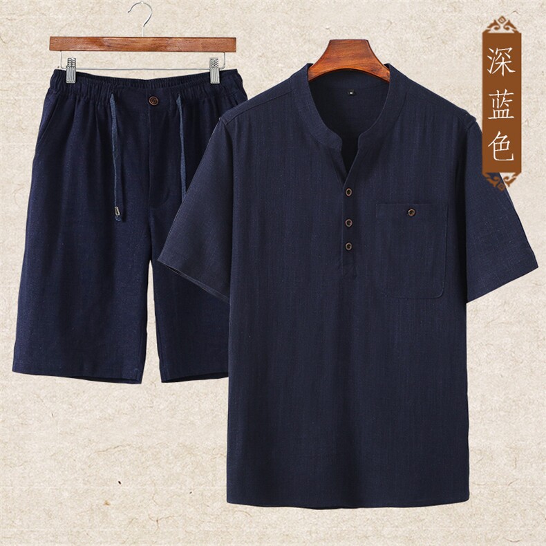 主推款高端夏男士唐装中年棉短袖麻套装中老年高品质亚麻短袖T恤,男装中老年男装,钱塘723