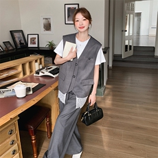 灰色高级感蕾丝拼接西装马甲套装女2025春季新款轻熟风西裤两件套，女装套装/套裙，秋水欣儿