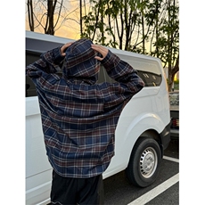 XZ1005-1-TTH0063-批60--高街潮牌撞色连帽设计感长袖格子衬衫，男装衬衫，星座1005-1