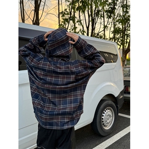 XZ1005-1-TTH0063-批60--高街潮牌撞色连帽设计感长袖格子衬衫图片