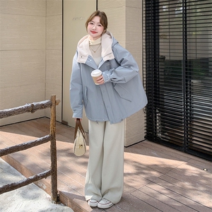 浅蓝色短款连帽棉服女韩系新款派克服保暖棉衣外套6110P215K328图片
