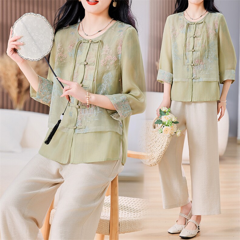 新中式套装女夏2024新款中年妈妈洋气今年流行的民族风时尚两件套,女装套装/套裙,千千佰惠
