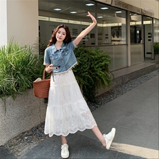 温柔韩系时尚套装女夏季法式度假风牛仔外套吊带蕾丝连衣裙两件套，女装套装/套裙，2C323