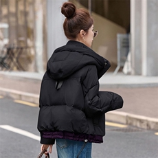 时尚撞色休闲连帽短款羽绒服女冬新款宽松加厚保暖白鸭绒外套，女装羽绒服，韩蔻秀