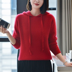 女士纯色秋季新款时尚显瘦双线四平连帽羊毛衫，女装羊毛衫，宋氏羊绒