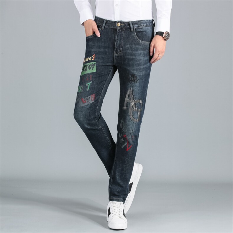 印花牛仔裤秋冬弹力商务男裤青中年男直筒休闲宽松ASDA8808-P130,男装牛仔裤,电商B212（原钱塘6029）