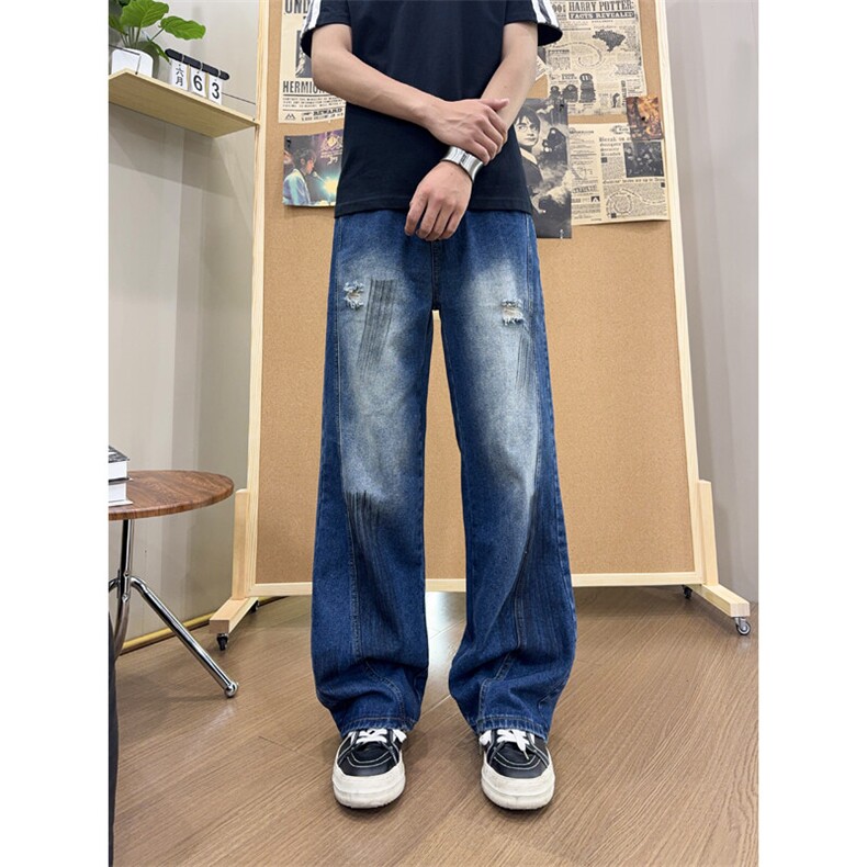 B221美式ins高街暗黑喷墨宽松弯刀牛仔裤LK25545-特P45控78,男装牛仔裤,电商B221