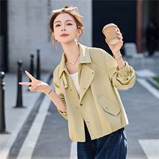 【春季新款现货】麂皮绒短款外套皮衣机车风翻领百搭甜酷早春，女装短外套，英标秀（1C119）