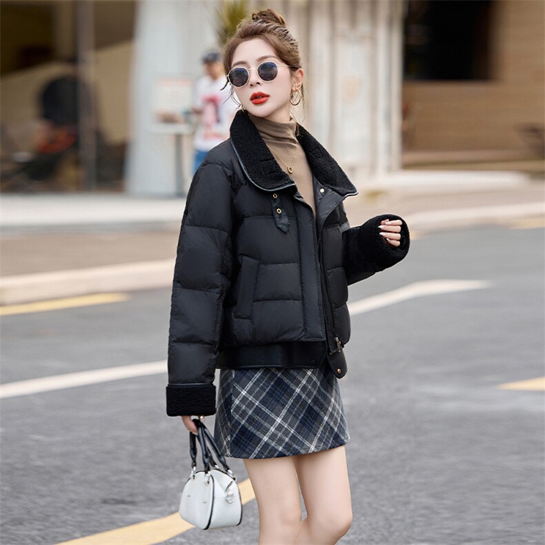 时尚潮流女装PU皮拼接仿羊羔毛翻领白鸭绒羽绒服显瘦保暖外套,女装羽绒服,采品优优