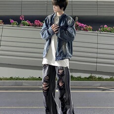 JK8936-P69美式复古水洗做旧拉链口袋牛仔外套男女潮流痞帅，男装工装外套，电商B323A