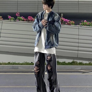 JK8936-P69 美式复古水洗做旧拉链口袋牛仔外套男女潮流痞帅图片
