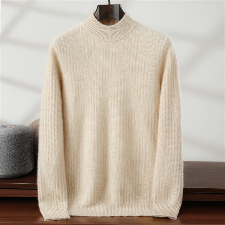 秋冬新款纯色半高领花型毛衣时尚针织套头上衣，男装针织衫/毛衣，隆格羊绒