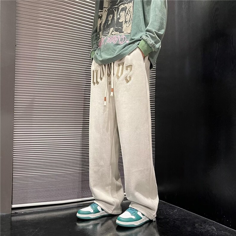 麂皮绒休闲裤男韩版潮字母刺绣2024秋冬新款ins宽松长裤K3021-P37,男装休闲裤,星座412-3