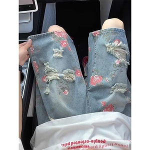夏季玫瑰花破洞牛仔短裤男宽松五分裤街头痞帅风 ND89图片