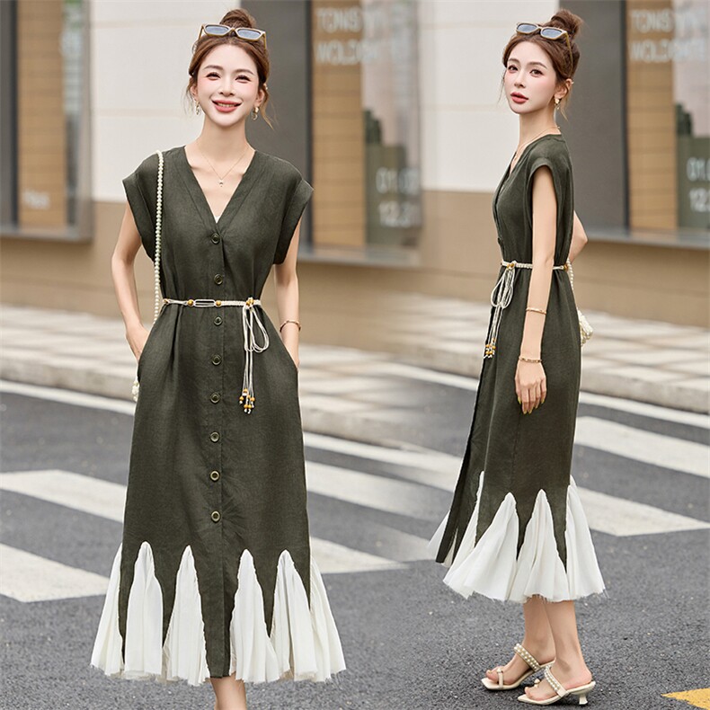 法式高级松弛感V领咖色棉麻连衣裙女夏超火好看减龄慵懒鱼尾长裙，女装连衣裙，玖莱伊