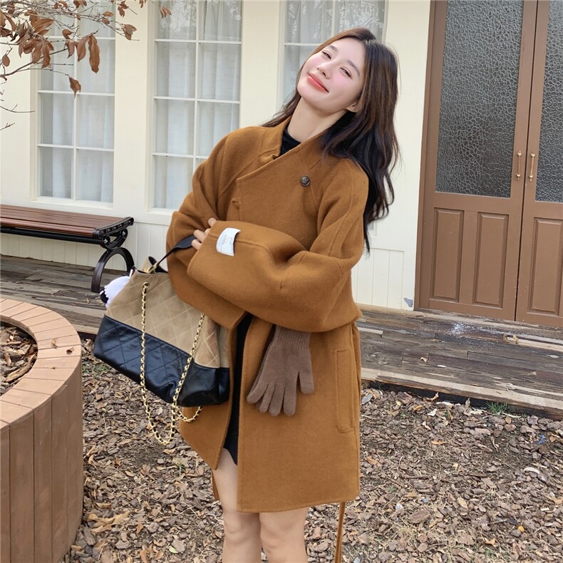 美拉德收腰气质呢子外套女2025年秋冬季新款百搭显瘦双面羊毛大衣,女装双面呢大衣,蝶眷