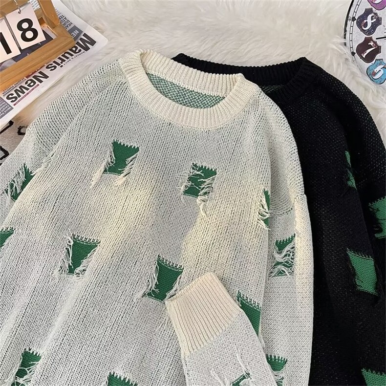 秋破洞毛衣男圆领套头潮牌ins嘻哈高街休闲美式 M353 P40图片