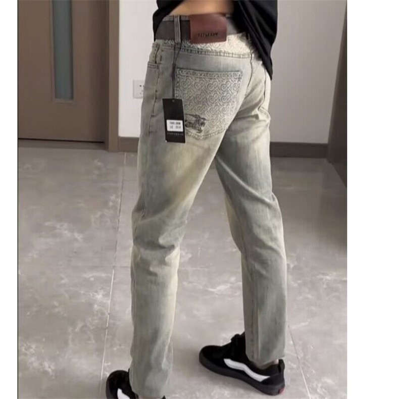 网红新款修身牛仔裤男韩版水洗黄泥做旧小直筒小脚社会长青年裤子,男装牛仔裤,星座506A