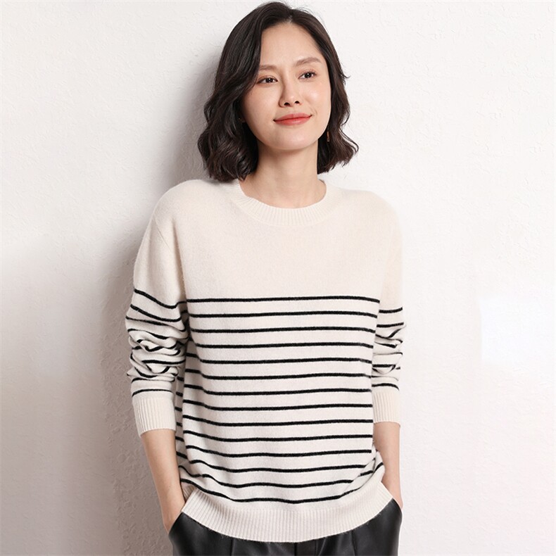 休闲/淑女2024年秋季山羊绒(羊绒)长袖通勤秋冬新款女士条纹,女装羊绒衫,艾米娇羊绒