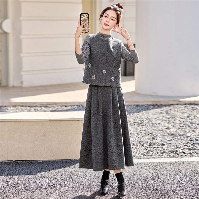 DLM2026春装新款毛呢马甲A版立体定花朵半身裙三件套装洋气套裙,女装套装/套裙,朵莱米