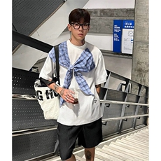 拼接格子布装饰高品质260克双纱纯棉美式高街短袖T恤特P35，男装T恤，电商A486